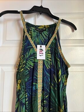 America & Beyond Green Tropical Print Halter Dress-S